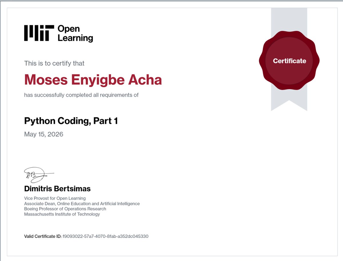 MosesEnyigbe's tweet photo. Grateful to share my progress on the @MIT Universal AI Program through @3MTTNigeria @3MTTSupport .

#ai #My3mtt #python https://t.co/EoPhFJIzwe