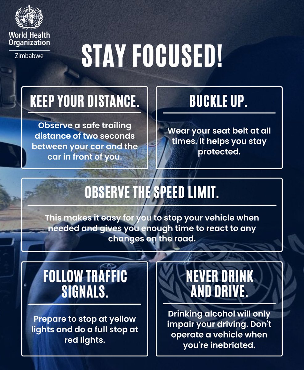 WHO_Zimbabwe's tweet photo. 🚦Road traffic injuries remain a major challenge in Zimbabwe, with over 2,000 lives lost each year and one road crash recorded every 15 minutes. 

During #RoadSafetyWeek we call for collective action: slow down, don’t drink &amp; drive, wear seatbelts/ helmets &amp; respect traffic laws. https://t.co/0kyJjii9DH