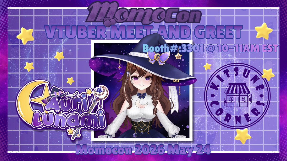 AuriLunami's tweet photo. ‼️My First Ever Meet&amp;Greet ‼️
If you are going to MomoCon remember to visit KitsuneCorners booth #3301! You can say hi to me on May 24th at 10am - 11am EST 💜 See you there! https://t.co/B6fX5qlQP1