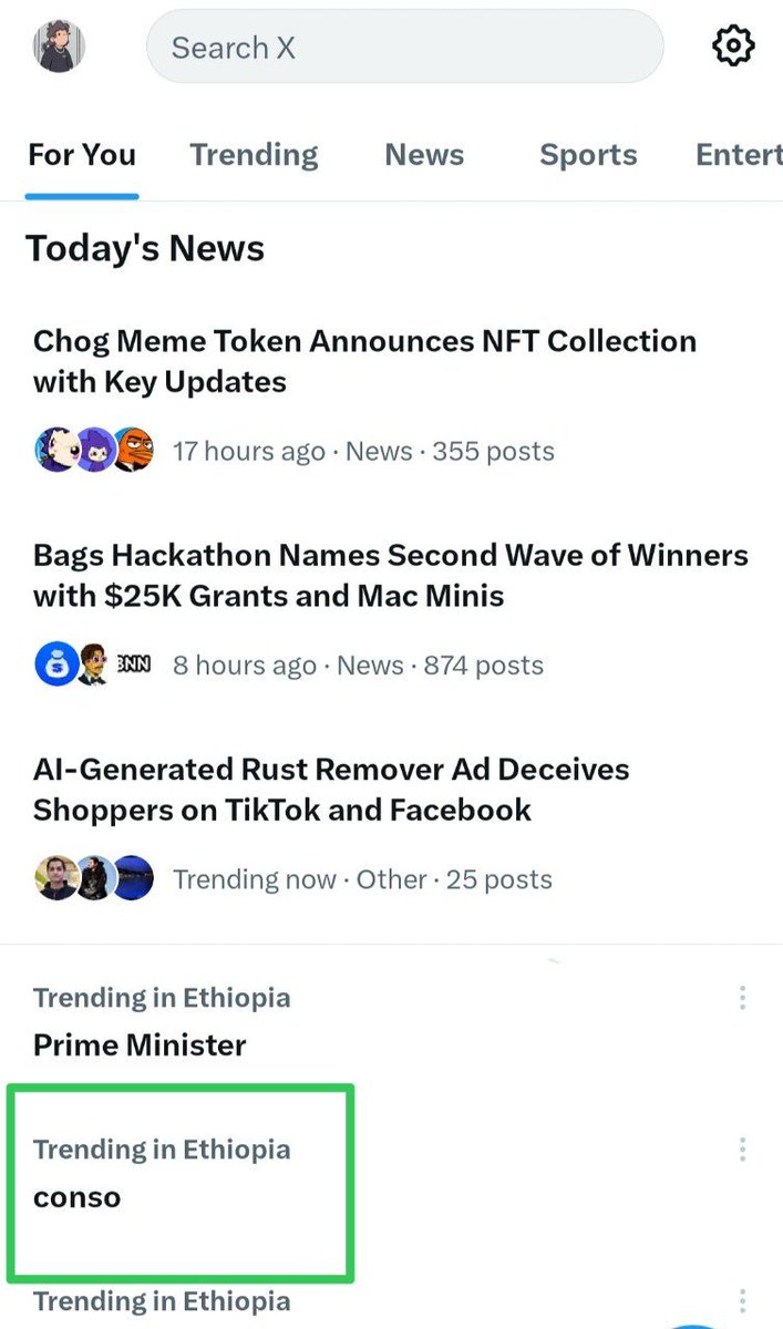 Eyuel88's tweet photo. I was a little disappointed not to see TON on X Today's News 🥲

After dominating the trends for an entire week, it seems TON has taken a day off to recharge. But still, I can sense a much bigger wave building 🌊 
 
> Meanwhile, look who’s trending in East Africa 👀🔥

> Conso is currently trending in Ethiopia 🇪🇹 

Due to the recent announcement that @conso_tg is partnering with OKX DEX via @wallet to bring top-tier memecoin trading to the TON ecosystem, Conso is going viral!  

This shows a very promising sign, and with this momentum building, I want to invite Web3 builders, Crypto bros & creators to get together and build the largest Web3 social ecosystem in East Africa, starting right here in Ethiopia!

So, if you’re interested in @conso_tg and @ton_blockchain, feel free to reach out. I’m planning to host the first Conso & TON discussion Space on Telegram and would love to connect with builders, contributors, and community members ahead of the upcoming meetup event.

> This initiative is currently open to builders based in Ethiopia only.