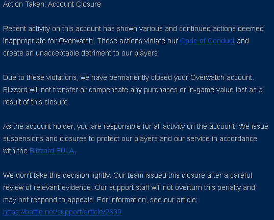 SyuzzOW's tweet photo. @PlayOverwatch
@Blizzard_Ent
Got perma banned after playing this game since 2016. Tried reaching out to blizzard support but as stated in this email, my appeal won't even be reviewed. I did not do anything that could break the code of conduct to the point of a perma ban. https://t.co/X8HvMF2K8w