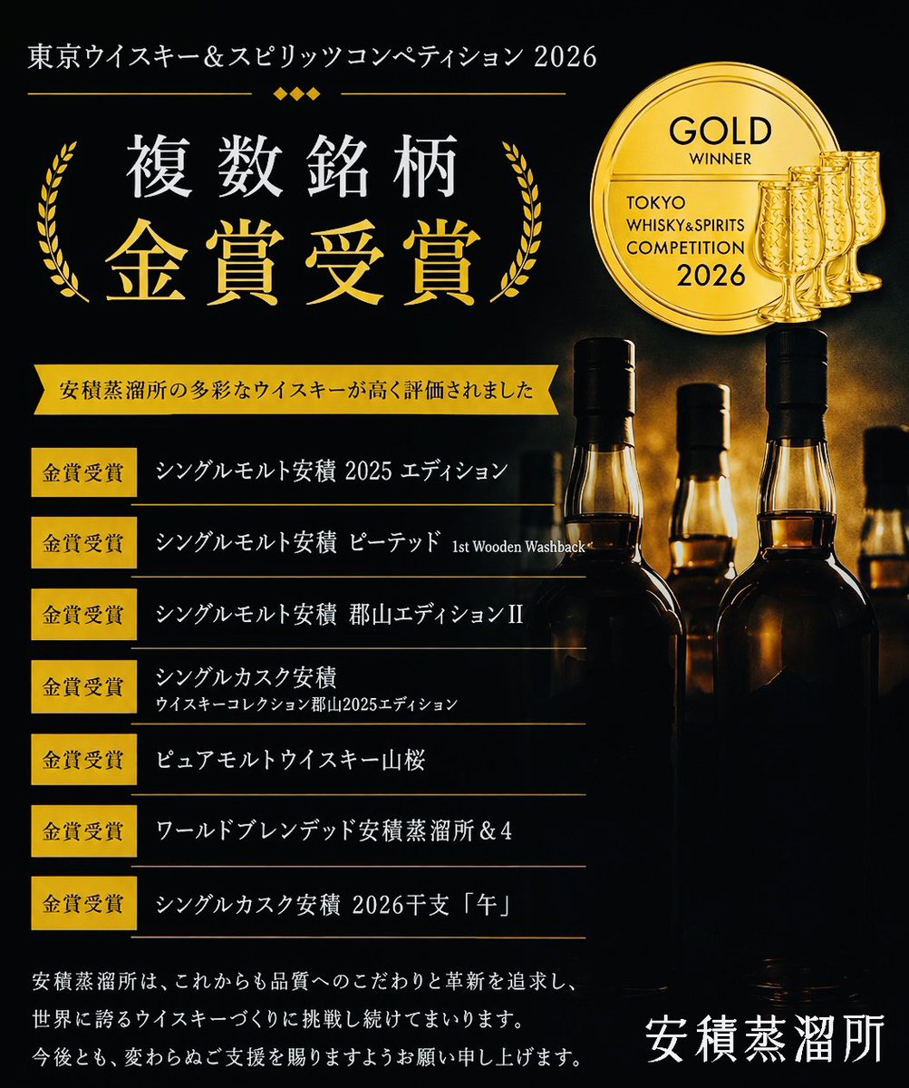 AsakaDistillery's tweet photo. 東京ウイスキー＆スピリッツコンペティション2026（TWSC）洋酒部門にて複数銘柄が金賞受賞いたしました。

日々積み重ねてきたものがこのような形で評価いただけたこと大変嬉しく思います。

支えてくださる皆様へ心より感謝申し上げます。

これからも、“安積らしさ”を追求したウイスキーづくりを。 https://t.co/zp7Nh5xxgh