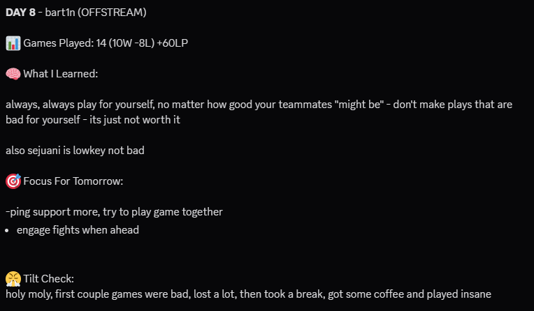 xbart1n's tweet photo. DAY 8 RESULTS
10 W
8 L
+ 90LP (1 loss prevented)

played off stream entire day
-im addicted to caffeine
-sejuani might be op

almost 500LP

day 9 below: https://t.co/2R5quQbEA6
