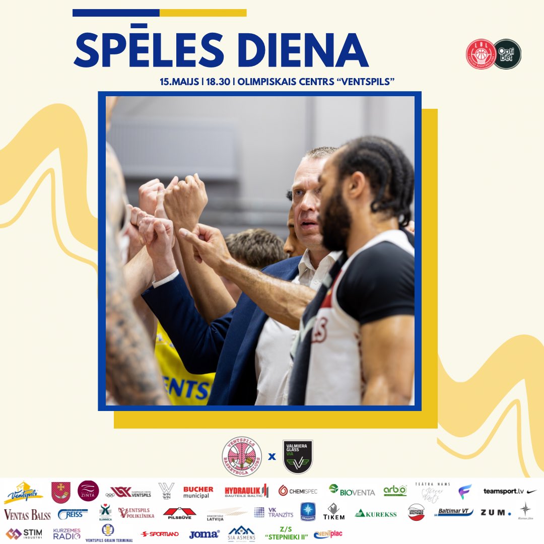 bkventspils's tweet photo. Šovakar gaidīsim Tevi plkst. 18.30 OC “Ventspils”! 🥁

Optibet LBL ceturtā finālsērijas spēle pret Valmiera Glass ViA un noslēdzošā mājas spēle šajā sezonā! 🔥

Tiekamies, jo Tavs atbalsts ir ļoti nepieciešams! 🗣️

🟡🔵
#MēsVisiParBKVentspils 
#PilsētasKomanda https://t.co/Sqz8UamJ0W