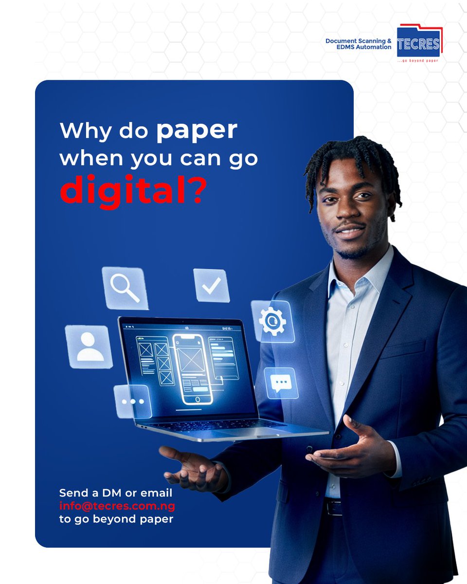 TecresTNL's tweet photo. Paper is slow. Digital is seamless.
Why settle for manual searches and physical clutter when you can have "digital glory"? It’s time to upgrade your organization’s operating system.
Stop managing paper. Start managing results.
# TechTrends
#DigitalTransformation
#Tecres https://t.co/HaGAhDnMHG