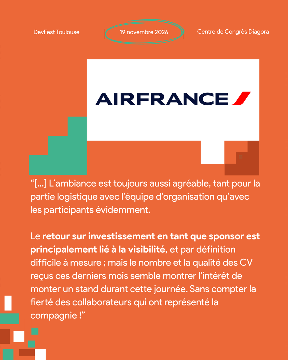 DevFestToulouse's tweet photo. “C’était évident qu’on soit là.” 👀
L’an dernier, 27 entreprises ont rejoint l’aventure #DevFestToulouse 🤝
🎯 visibilité
💼 recrutement
🤝 rencontres
📈 notoriété
Ce sont eux qui en parlent le mieux 👉 https://t.co/bOx6ASVHeN - https://t.co/SRyeJ9mHjl -
@capgeminifrance @AirFranceFR @ippontech