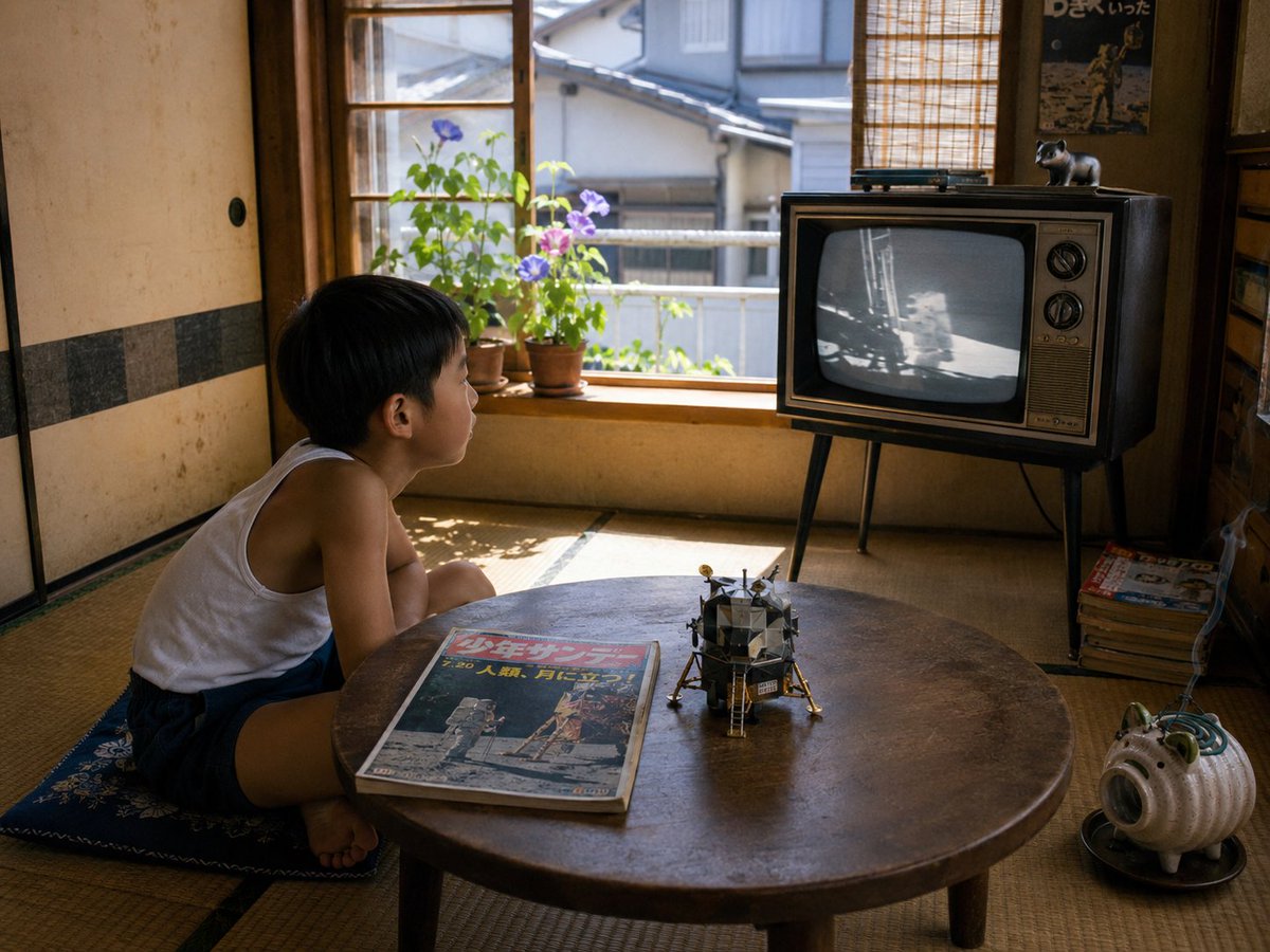 TokyoIdea's tweet photo. 同じく1960年生まれの浦沢直樹さん、高橋留美子さん、真田広之さん、千住明さん、そしておそらく徳仁陛下も、この夏の日、アポロ11号のアームストロング船長が月面に降り立つのを見て、宇宙と科学、ロケットに想いをはせたと思います。

(画像は私の記憶に基づくAI創作です) https://t.co/w20SH3kV75