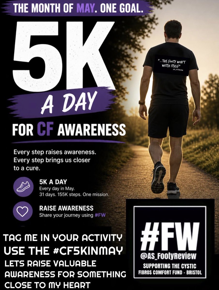 AS_FootyReview's tweet photo. Right. Iโve had a cry. Letโs get up and attack the day. Walk 15 to continue to raise awareness for Cystic Fibrosisโฆ letโs see some of you join in today and use the hashtag #CF5KINMAY do it for Syd todayโฆ. Todayโs worthy of a walk and a celebrationโฆ.. ๐๐ผโฝ๏ธ #FW #SupportingCF #CF5KINMAY