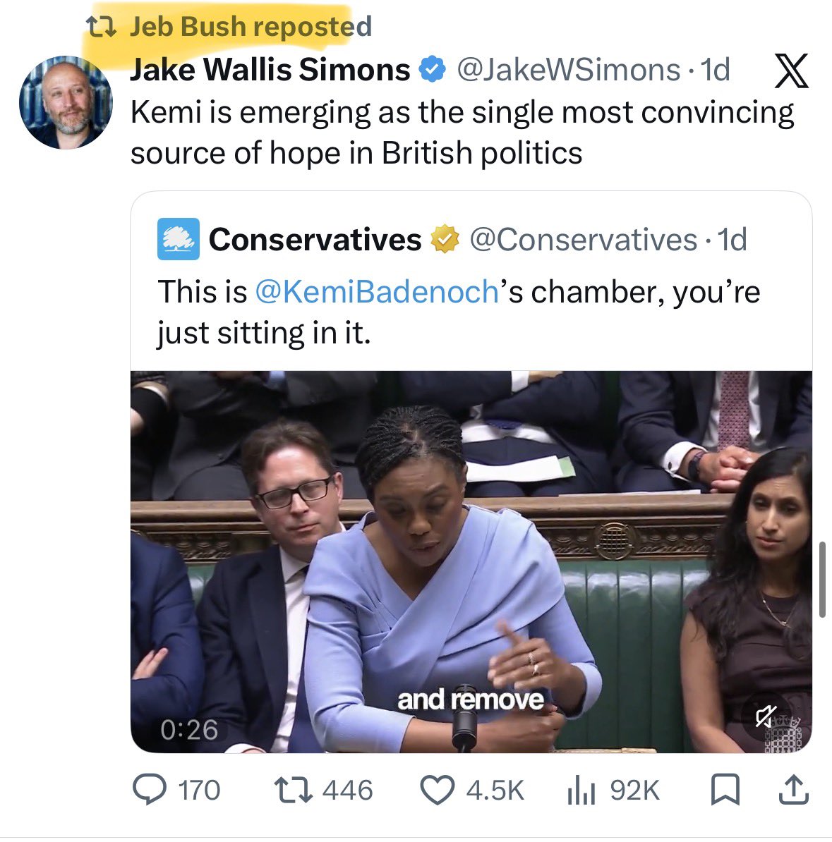 floppet_'s tweet photo. The thing that is really impressive about Kemi at the moment is she’s not just having cut through in the UK, she’s developing a profile around the world. 

It’s just Jeb, but it’s an example of her profile outside the UK, and that profile adds to the image of a PM in waiting https://t.co/YLvi6KnaTH