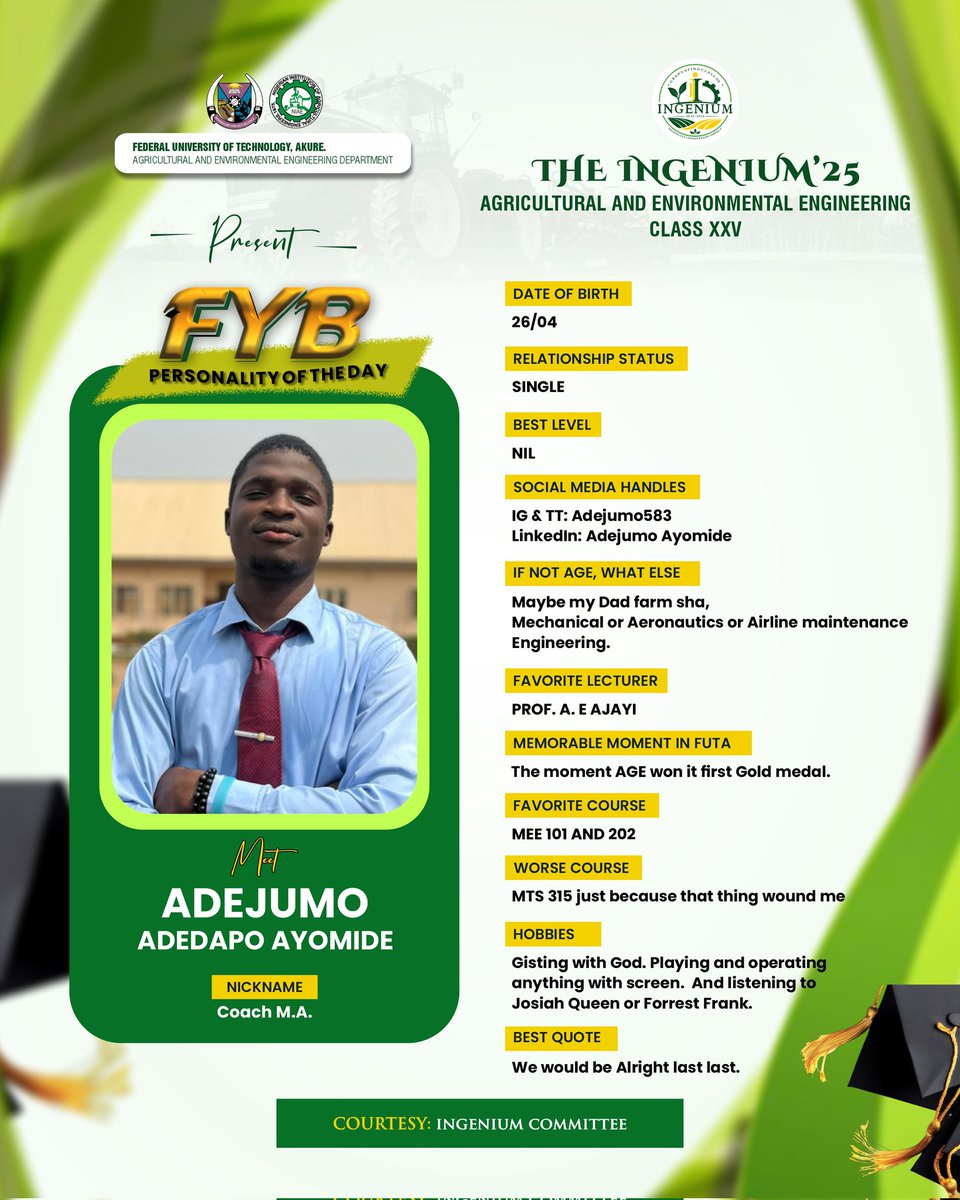 agrineers25's tweet photo. Meet  (Coach M.A)  our own Pep Guardiola ⚽😌
A devoted sportsman, passionate coach, church leader, and active FYB member with an unmatched winning streak within the walls of FUTA🔥Funny, charismatic, talented, and loved by many 
Congratulations M.A, see you at the top! 💚✨
#fyb https://t.co/SYmt8A3YdH