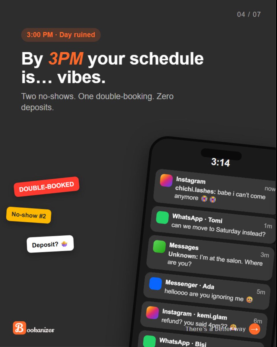 Bookanizer_'s tweet photo. A day without Bookanizer = chaos in the DMs 😭
From missed clients to missed profits to missed growth.
Download Bookanizer now on Play Store & App Store.
#Bookanizer #BeautyMadeEasy #BookSmart #BeautyInNigeria #beautytech https://t.co/6kYbredGi7