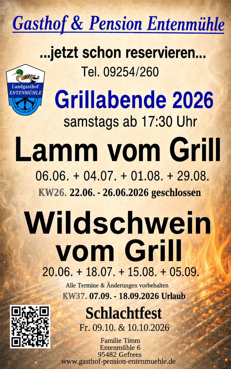 GasthofBayern's tweet photo. 👨‍🍳 Ü𝐛𝐞𝐫𝐬𝐢𝐜𝐡𝐭 👀 𝐆𝐫𝐢𝐥𝐥𝐚𝐛𝐞𝐧𝐝𝐞 𝟐𝟎𝟐𝟔 🔥
𝐋𝐚𝐦𝐦 𝐯𝐨𝐦 𝐆𝐫𝐢𝐥𝐥 𝐮𝐧𝐝 𝐖𝐢𝐥𝐝𝐬𝐜𝐡𝐰𝐞𝐢𝐧 𝐯𝐨𝐦 𝐆𝐫𝐢𝐥𝐥 𝐦𝐢𝐭 𝐁𝐞𝐢𝐥𝐚𝐠𝐞𝐧 😋🍽👌. 𝐍𝐮𝐫 𝐭𝐞𝐥𝐞𝐟𝐨𝐧𝐢𝐬𝐜𝐡𝐞 𝐓𝐢𝐬𝐜𝐡𝐫𝐞𝐬𝐞𝐫𝐯𝐢𝐞𝐫𝐮𝐧𝐠 𝐮𝐧𝐭𝐞𝐫 🇩🇪☎️ 𝟎𝟗𝟐𝟓𝟒/𝟐𝟔𝟎 ☎️🇩🇪
#Gasthof https://t.co/X2TaVJ50lG