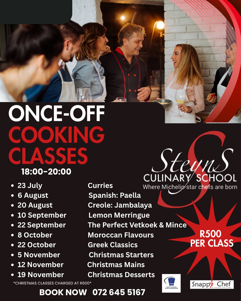 SteynsCS's tweet photo. No commitment — just cooking. Book a once-off class this weekend and discover what you're capable of in the kitchen. All skill levels welcome.
#CookingClass #LearnToCook #WeekendCooking #FoodLovers https://t.co/0sgmGa0pXb