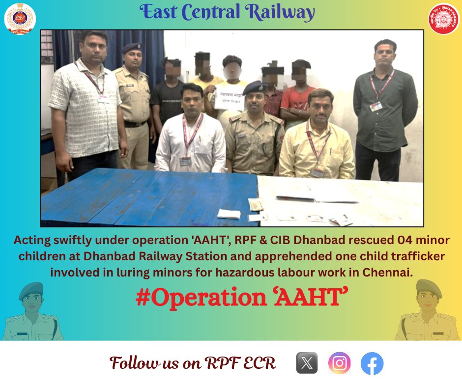 rpfecr's tweet photo. Acting swiftly under operation 'AAHT', RPF & CIB Dhanbad rescued 04 minor children at Dhanbad Railway Station and apprehended one child trafficker involved in luring minors for hazardous labour work in Chennai.
#RPF #ECR #OperationAAHT
@RPF_INDIA https://t.co/kXOLpGemkC