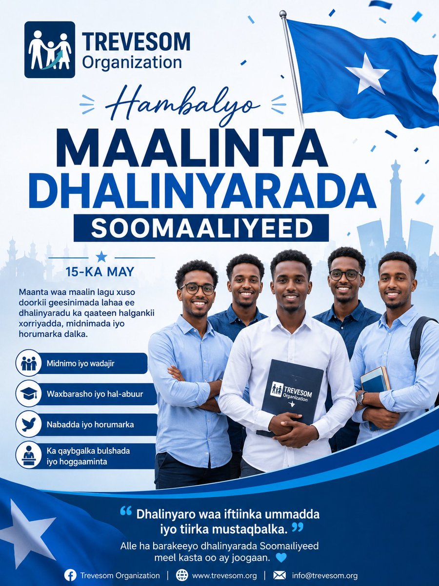 Trevesomorg's tweet photo. Happy Somali Youth Day! 
We proudly celebrate the energy, talent, and leadership of Somali youth across the world. Young people are the foundation of peace, development, and a brighter future for Somalia. @UKinSomalia https://t.co/1Sot8cwg3Q