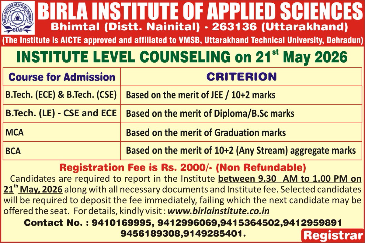 ActivityBias123's tweet photo. 🎓 Institute Level Counseling on 21 May 2026 at BIAS Bhimtal for https://t.co/ECP97h486j, BCA &amp; MCA admissions. Merit-based selection. Limited seats—apply now! 🚀
#BIASBhimtal #Admissions2026 #Counseling2026 https://t.co/TxtC7RmIoL