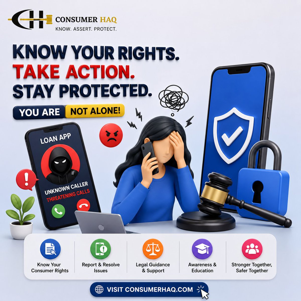 ConsumerHaq's tweet photo. 🚨 Loan app harassment and threatening recovery tactics are rising rapidly.

No consumer should face intimidation, privacy breaches, or mental harassment for financial issues.

Know your rights. Stay aware. Take action. ⚖️

ConsumerHaq supports consumers with awareness, guidance, and the right direction towards resolution.

🌐 https://t.co/N4E5WgINtS

#LoanApp #ConsumerRights #ConsumerHaq #CyberSafety #India