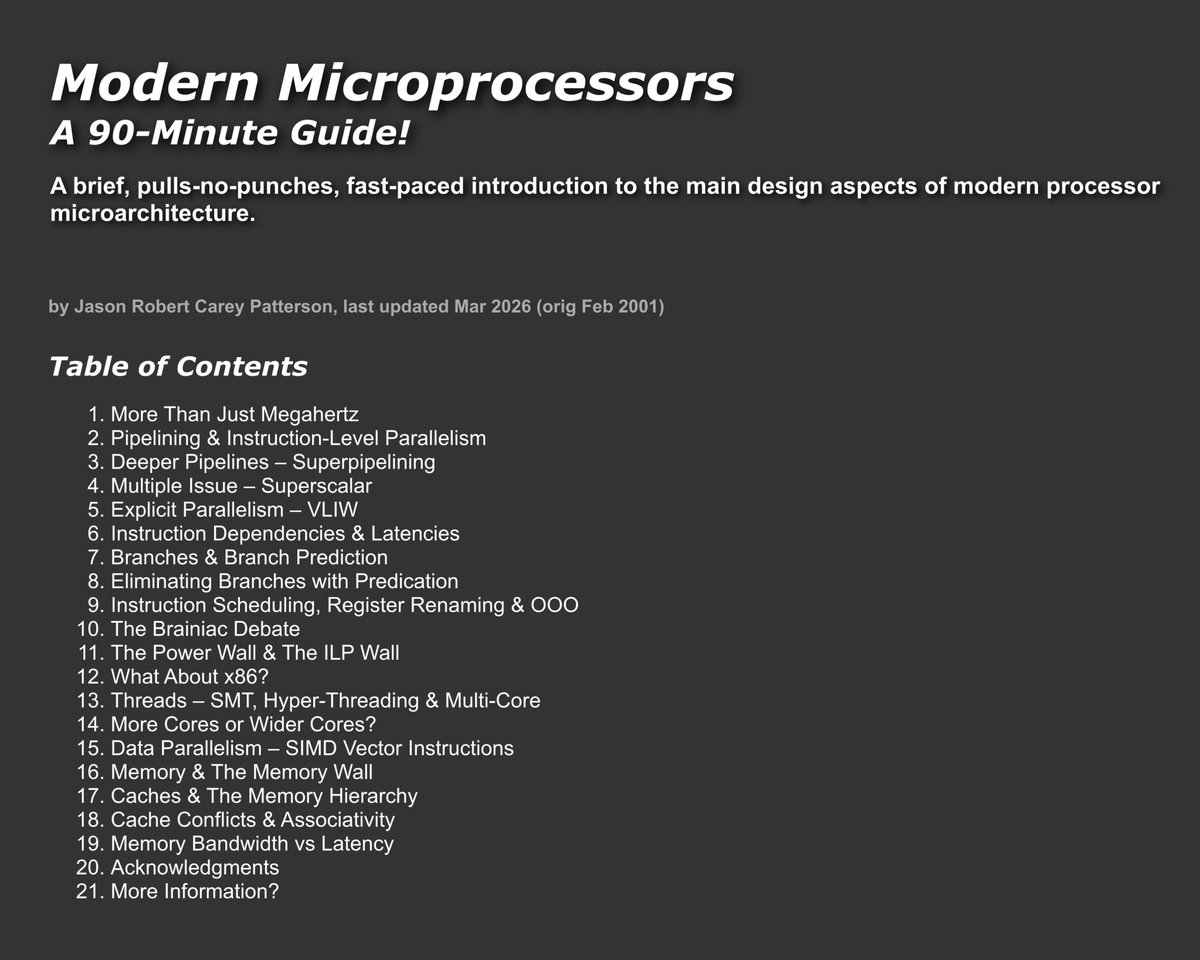 vivekgalatage's tweet photo. Taking CMU or MIT's CS courses? This free guide on Modern Microprocessors is the best primer on processor microarchitecture - pipelining, superscalar, branch prediction, caches, all of it.

Originally written in 2001, just updated in 2026.

https://t.co/9sHR7ZpJcj https://t.co/y8u1QN2OGF
