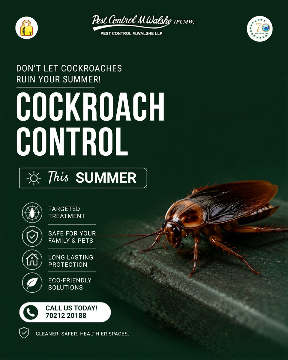 PCMWalshe's tweet photo. This summer, keep cockroaches OUT and comfort IN.
Protect your home with PCMW’s expert pest control solutions 🌿
👉 Visit: https://t.co/OVURTL4kei

#CockroachControl #PCMW #PestControl #SummerProtection https://t.co/IzWkPnN8TH