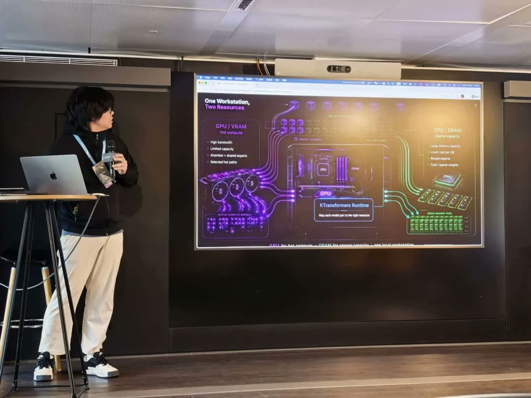 ApproachingAI's tweet photo. At GOSIM Paris 2026 @gosimfoundation , https://t.co/TNZHDOONnW's Chief Engine Architect Ervin Xie shared what's next for KTransformers: local fine-tuning via KT-SFT (run + tune on one workstation), and broader platform support — including Windows. https://t.co/0qQxSRDXDn