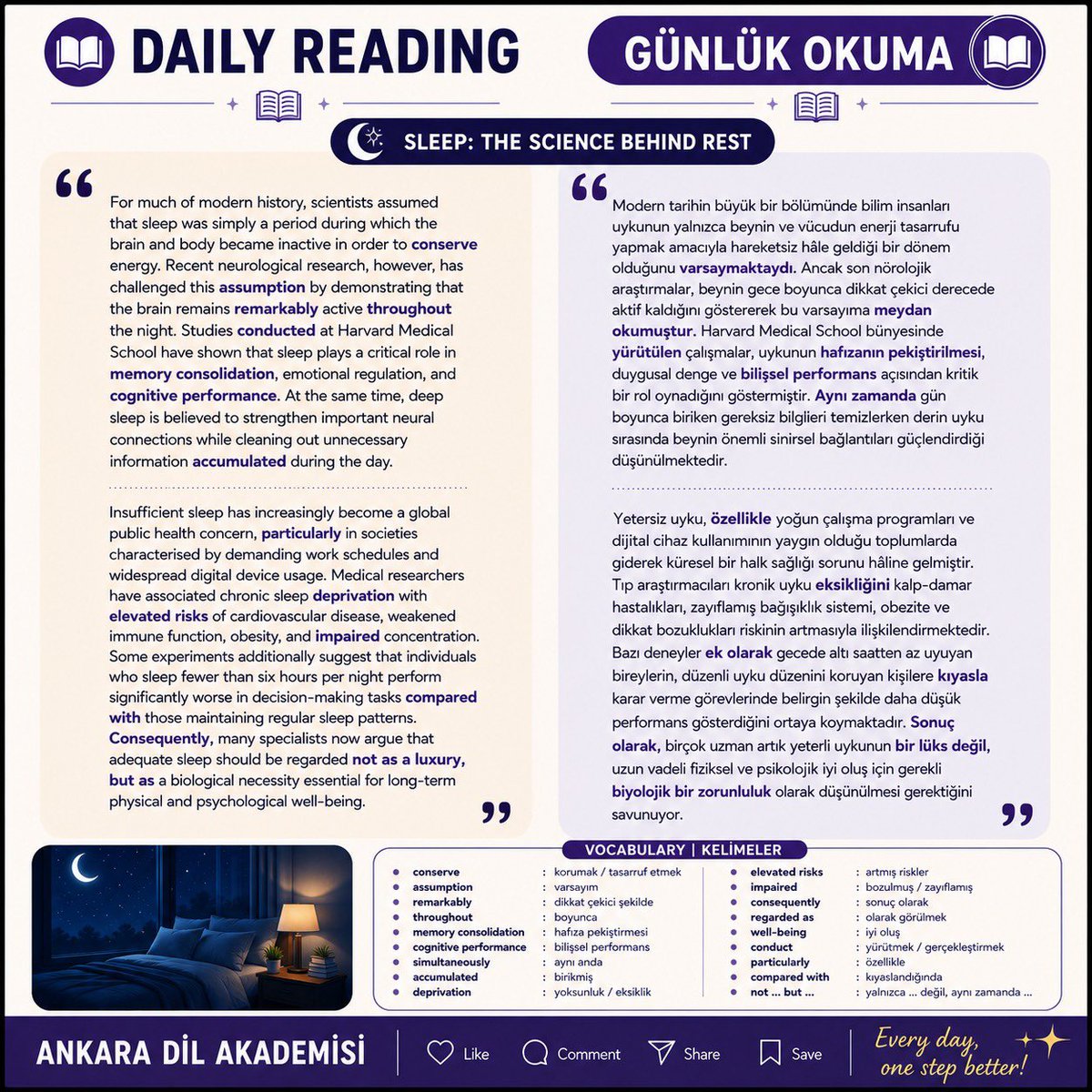 Tijentangulse's tweet photo. 📘 DAILY READING

SLEEP: THE SCIENCE BEHIND REST

Her gün kısa bir akademik okuma çalışması yapmak:
✔️ vocabulary bilginizi geliştirir
✔️ okuma hızınızı artırır
✔️ paragraf sorularını kolaylaştırır
✔️ YDS / YÖKDİL seviyenizi yükseltir

Bugünkü metinde geçen akademik kelimeleri mutlaka inceleyin 📚

#yds #yökdil #readingpractice #tijenhoca #ankaradilakademisi