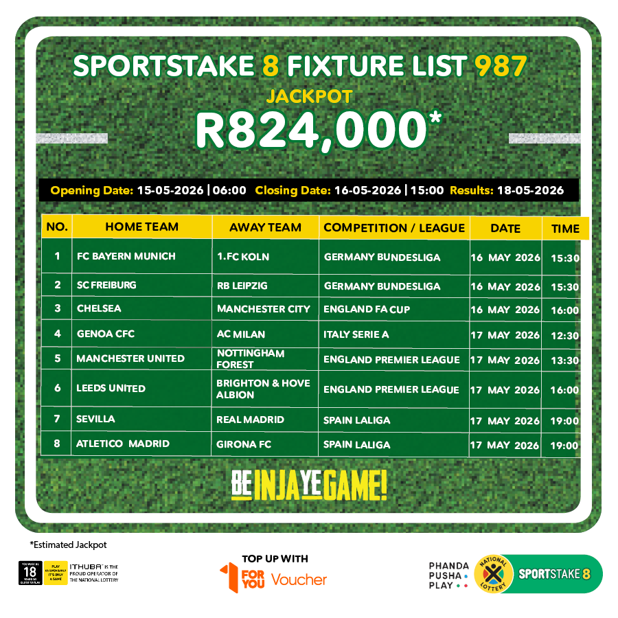 sa_lottery26's tweet photo. Here are the #SPORTSTAKE8 #FixtureResults, #Dividends for list 986 & #Fixturelist 987 with an estimated Jackpot of R824,000. #BeInjaYeGame!
Players must be 18 years or older, play responsibly. ITHUBA is the proud operator of the National Lottery. https://t.co/G4HAXp2SdX