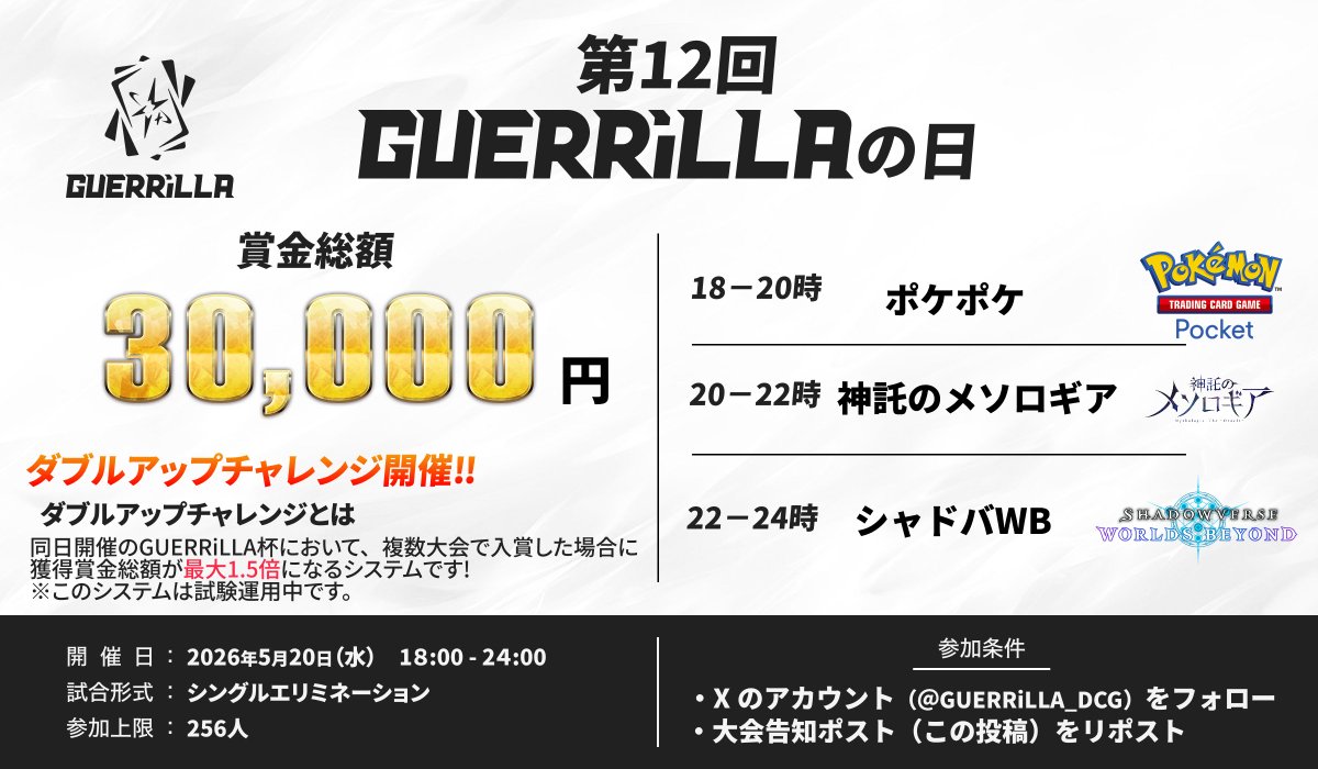大会告知】 #毎月20日はゲリラの日！ 普段の賞金に加え、「ダブル