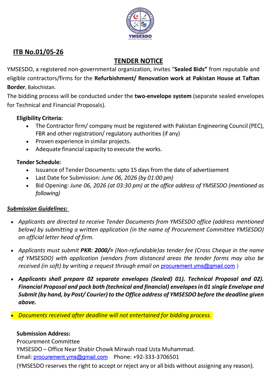 YmsesdoPakistan's tweet photo. Tender Notice https://t.co/owRvLbAe9O