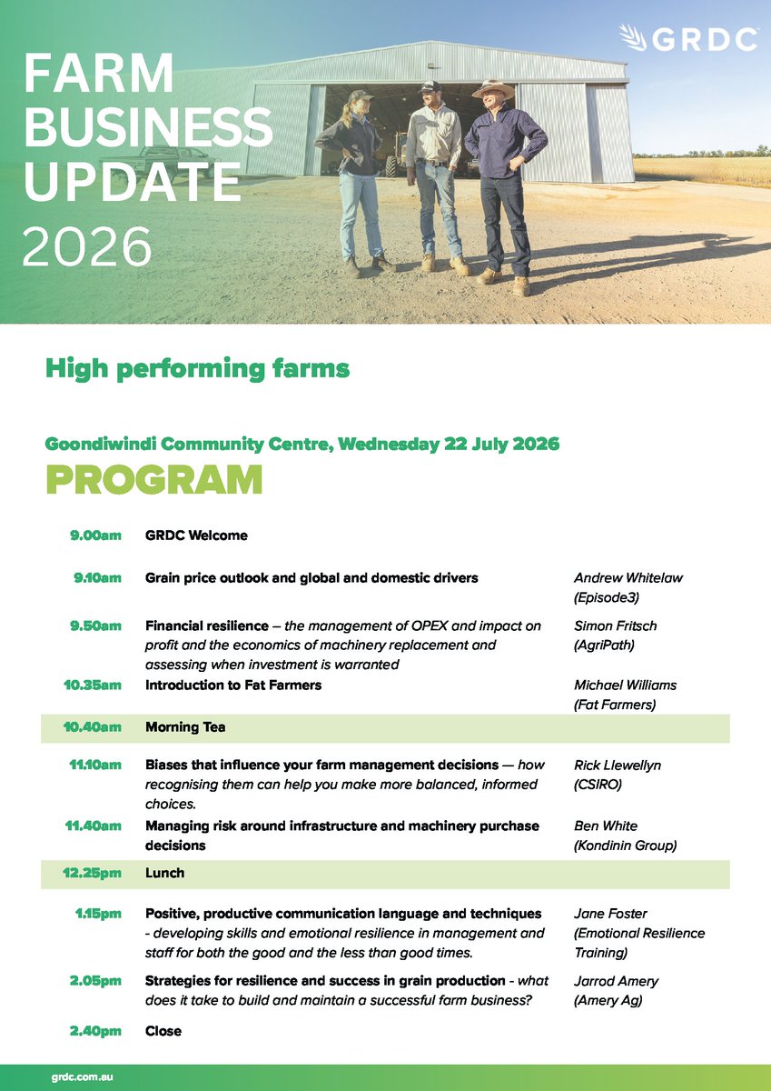 GRDCNorth's tweet photo. On next week – the #Goondiwindi GRDC Farm Business Update is a great opportunity to hear from expert speakers on the business side of a profitable grain production business. Register now! #GRDCUpdates
Full details and to register: https://t.co/ltKsCiTvp7 https://t.co/Bi5RClCBvG