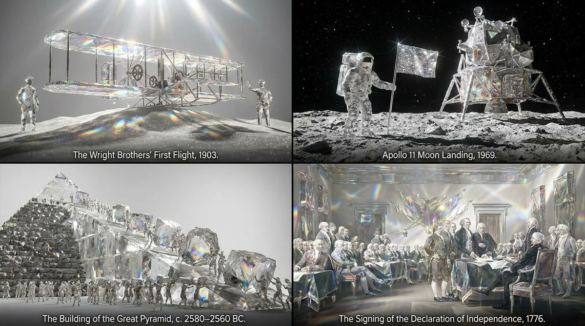 AI 生图提示词:2x2 grid, 4 historical scenes that made humans proud {: VECTOR_O (Object) = [VAR