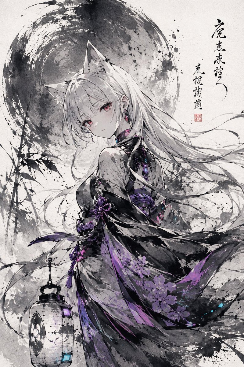 不知火ちゃん、プロンプトお借りしました❤︎ 水墨画めっちゃカッコよ