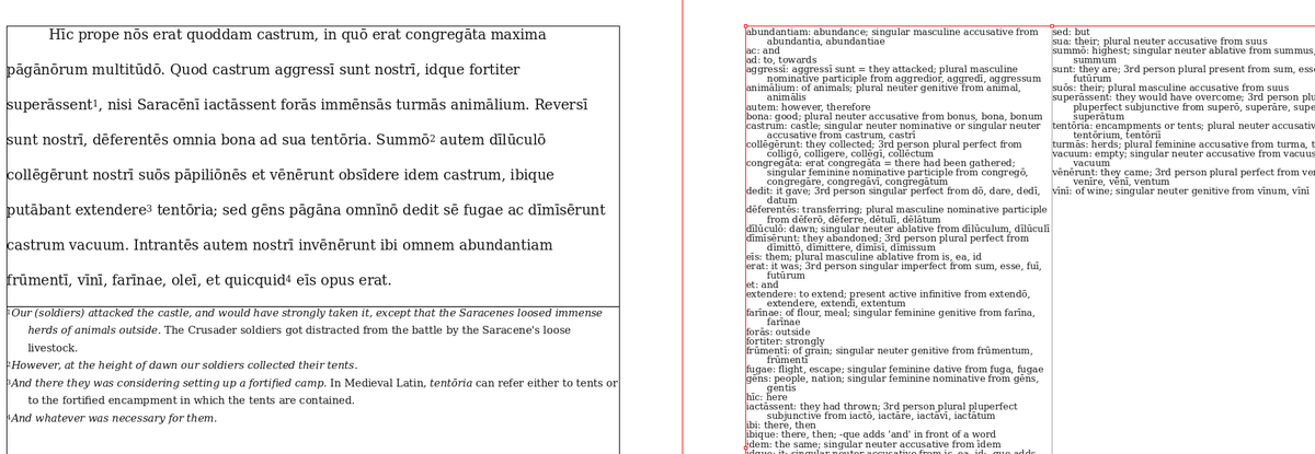 ComprehensLatin's tweet photo. Latin Glossary Generator Dev Update 5/14/26

The project is fairly complete for individual use.

This evening I fully parsed, wrote footnotes, and typeset in Scribus a page of 80 words in about half an hour.

This is about the speed I need to make feasible my end goal: having ~100k words of interesting medieval texts available as inexpensive reader's editions.
