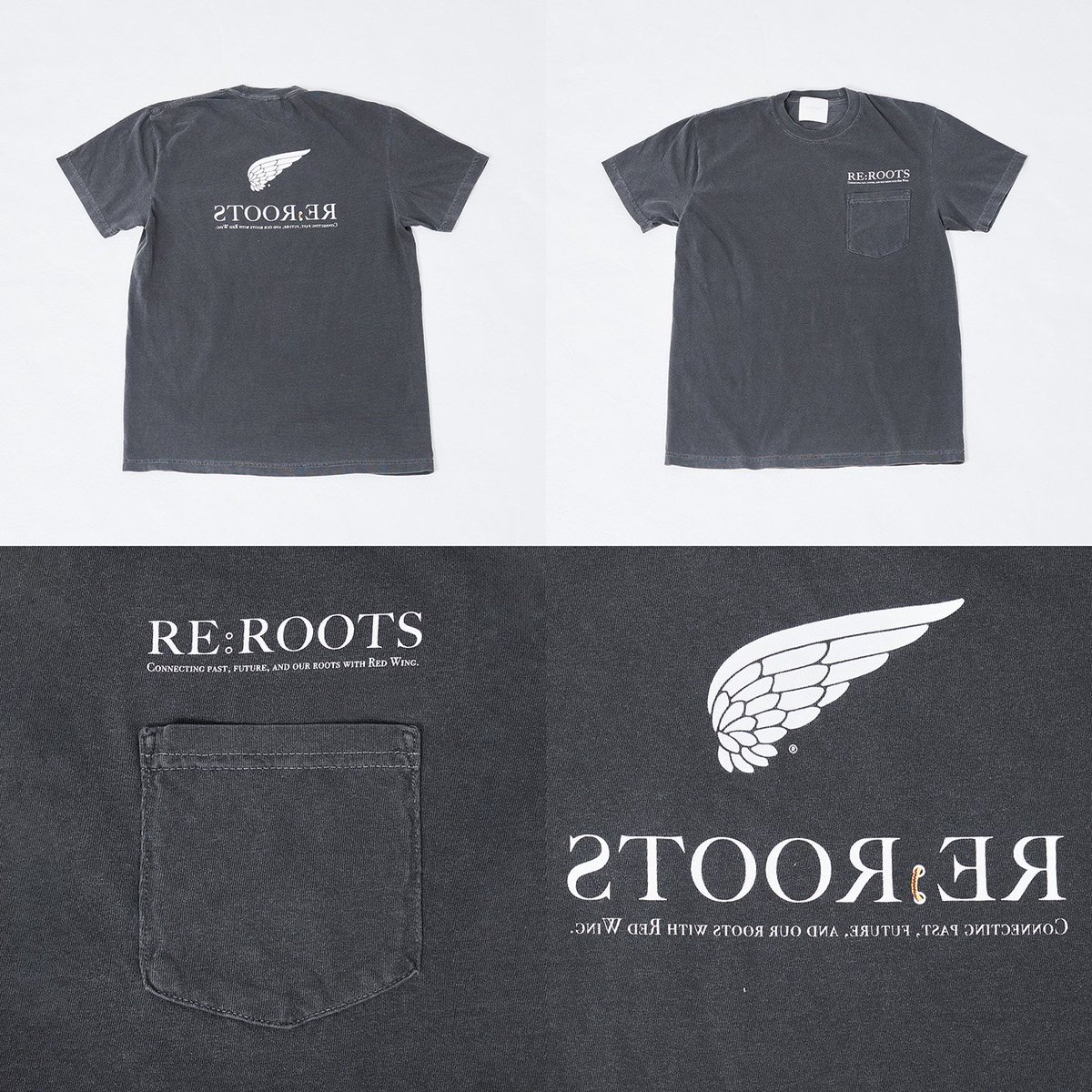Red_Wing_Japan's tweet photo. 【Tシャツ✨】
RE:ROOTS T-shirt👕
White, Charcoal

RWSS仙台店の10周年を記念して製作された、TODAY editionの川村 貴彦氏がデザインした限定Tシャツ。左胸にポケット、バックのRE:ROOTSロゴは鏡文字になっており、ブーツのハトメをイメージしたコロン部分にシューレースが通ったデザイン！

オンラインストアは本日より販売スタート👇
https://t.co/AKahwOwWzh
https://t.co/T5XklCp7dB