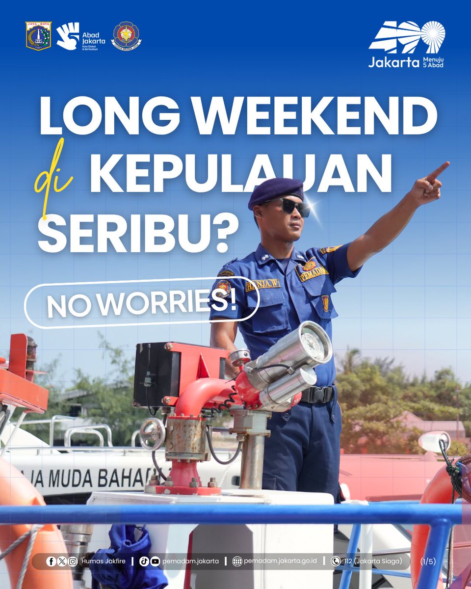 humasjakfire's tweet photo. Long weekend di Kepulauan Seribu? No worries!😉🏝️

Pemadam Jakarta tetap bersiaga 24 jam di wilayah Kepulauan Seribu untuk membantu penanganan kondisi darurat selama masyarakat menikmati waktu liburan. 

#PemadamJakarta #JagaJakarta #JS112 — @dkijakarta https://t.co/kvZre1RMoc