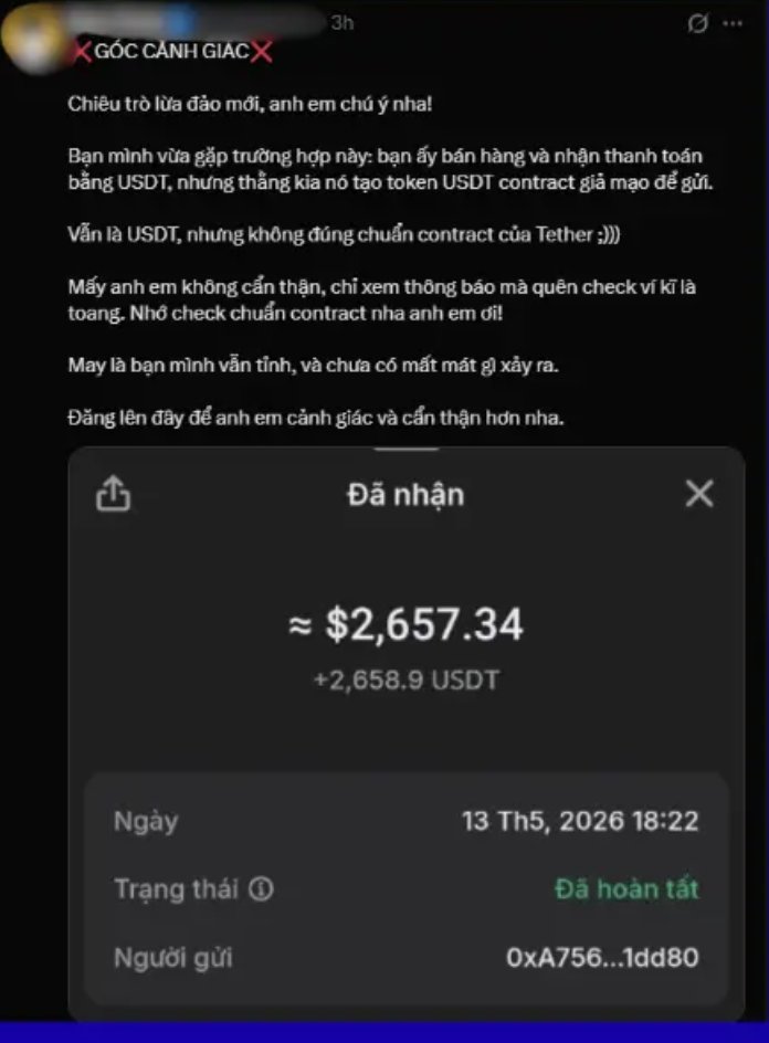 phamduydong179's tweet photo. ⚠️ CẢNH BÁO CHIÊU TRÒ LỪA ĐẢO BẰNG USDT GIẢ MẠO

Một thủ đoạn lừa đảo mới đang xuất hiện ngày càng nhiều trong các giao dịch crypto: kẻ gian tạo ra token giả có tên và logo giống hệt USDT để đánh lừa người nhận. ()

📌 Cách thức hoạt động:
• Kẻ xấu tạo một token “USDT” không có giá trị thực.
• Chuyển token này vào ví của nạn nhân.
• Ví vẫn hiển thị tên USDT và số lượng nhận được.
• Nếu chỉ nhìn tên token mà không kiểm tra contract address, bạn có thể giao hàng hoặc chuyển tài sản thật mà chỉ nhận về token vô giá trị.
�� Cách kiểm tra USDT thật:
✅ Đối chiếu đúng địa chỉ contract chính thức trên từng blockchain.
✅ Kiểm tra token trên các block explorer uy tín.
✅ Không xác nhận giao dịch chỉ dựa vào thông báo “đã nhận tiền”.
⚠️ Nguyên tắc vàng:
“Đừng tin vào tên token, hãy tin vào contract address.”
Trong thị trường crypto, bất kỳ ai cũng có thể tạo ra một token mang tên USDT, BTC hay ETH. Điều quyết định giá trị thực sự của token nằm ở địa chỉ hợp đồng thông minh.
🔐 Một phút kiểm tra có thể giúp bạn tránh mất hàng chục nghìn USDT.

#USDT #Tether #CryptoScam #Phishing #Blockchain #CryptoSecurity #P2P #Binance #Bitcoin #Ethereum #Stablecoin #CyberSecurity #Crypto #USDTFake