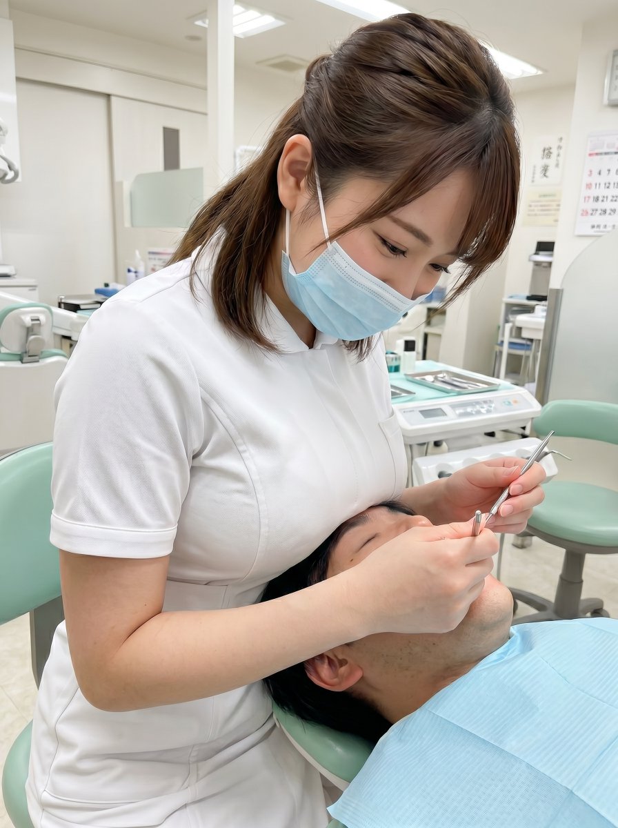 image__lab's tweet photo. 歯科衛生士のお仕事✨
どちらが好きですか～？

①左　　マスクなし若手
②右　　マスクありベテラン

AIロイドさんのプロンプトをお借りしました。そのまま��と②な���テラン風になるので若返り調整しました。
👇はじめてでも超簡単同じツールで試したい方は！

#SFW #AIart Fictional digitalart https://t.co/0n553luvpw
