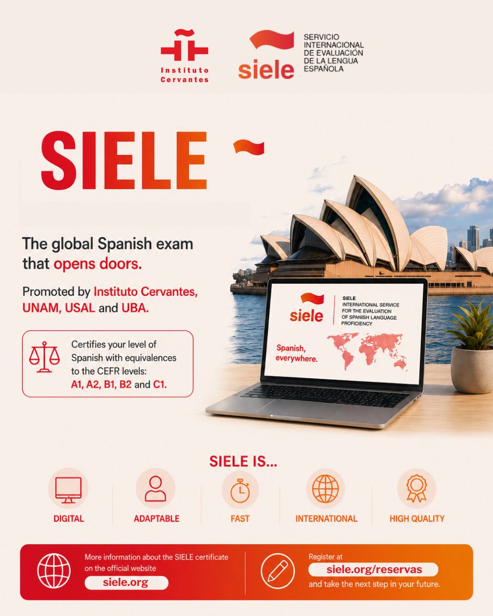 IC_Sydney's tweet photo. 🌍 Certifica tu nivel de español con @SIELE_org 

💻Digital
🏅Reconocimiento oficial
📩Resultados en 3 semanas

📍Realízalo en el Instituto Cervantes Sídney

✨¿No puedes asistir en las fechas disponibles? escríbenos: acsyd@cervantes.es

Más información: https://t.co/jjl0KOUaU5 https://t.co/X3Pznm5hL7