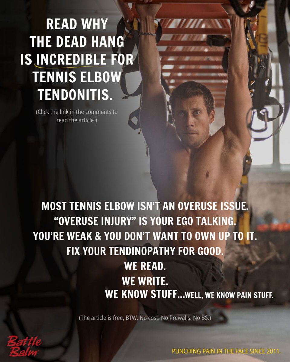 BattleBalm's tweet photo. Hey. It's Dylan. I run the show at Battle Balm. I've been in the pain game for a long time now. I also play tennis. I've had tennis elbow a few times in my life. The dead hang is one of the best, most underutilized tool to prevent, treat, & rehabilitate #tenniselbow. I do dead hangs a few times a week and I can squeeze a piece of coal into a diamond.
Tennis elbow, or #lateralepicondylitis, can become chronic and debilitating. Learn the dead hang. Use it often. Keep it in your self-care toolbox. It's a great exercise for a lot of things, not just circus tricks. Your welcome.
https://t.co/qWdYoBXfXx 
.
.
.
.
#selfcare #elbowpain #tendinopathy #calisthenics