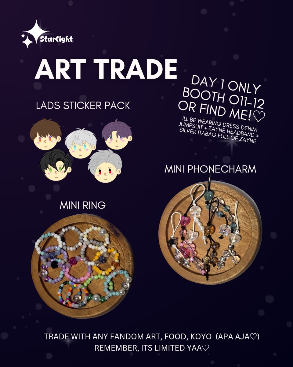 starlight_crft's tweet photo. Hi~ Lets art trade!✨️
limited stock ya~

📍O11-12 - DAY 1 only

Trade in person at booth / find me. i’ll be wearing a denim jumpsuit + Zayne headband + silver itabag full of Zayne. Just tap me and say “Kak Starlight?”

1 trade = 1 item ♡
see you!
#CF22 #Comifuro22 #ArtTrade https://t.co/Ns5JVVZdw1