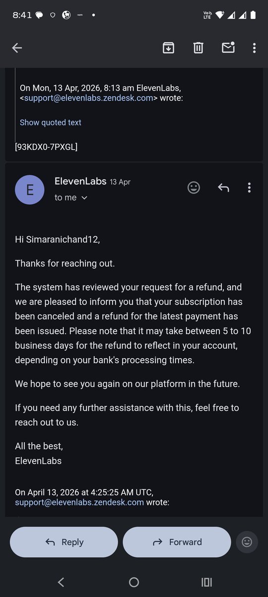 gdas146's tweet photo. @elevenlabs,
My subscription was cancelled and refund was approved on April 13, but I still have not received the refund even after several weeks.
I have already contacted support multiple times. Please help resolve this issue and provide an update on my refund status. https://t.co/kxtHk4Va2i