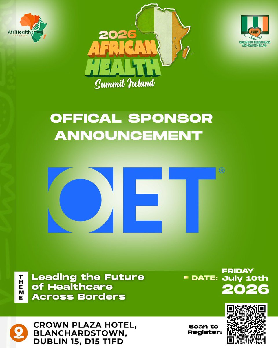 AfriHealthIre's tweet photo. 🤝 Official Sponsor Announcement
We are delighted to welcome @officialoet back as an Official Sponsor of the African Health Summit Ireland 2026, for the second consecutive year.
🎟️ Register now:
https://t.co/q6ts5TlDly
#AHSI2026 #OfficialSponsor #HealthcareLeadership https://t.co/OXGxKRFR6S