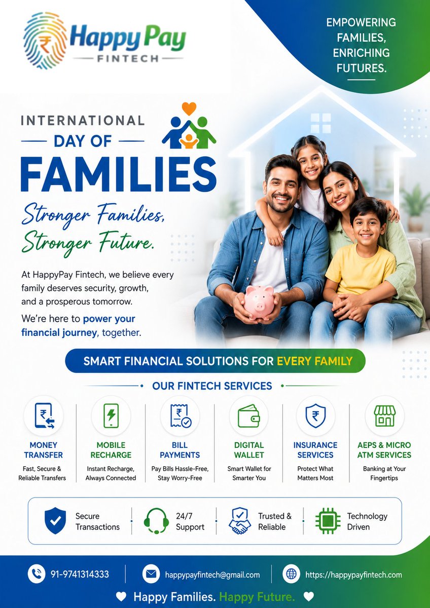 HappyPayFin's tweet photo. nternational Day of Families

Stronger Families. Stronger Future. 💙💚

HappyPay Fintech empowers every family with secure &amp; smart financial solutions:
💸 Money Transfer | 📱 Recharge | 🧾 Bill Payments
💼 Digital Wallet | 🛡️ Insurance | 🏧 AEPS
🔐 Safe | ⚡ Fast | 🤝 Reliable https://t.co/gB58BM7HCP