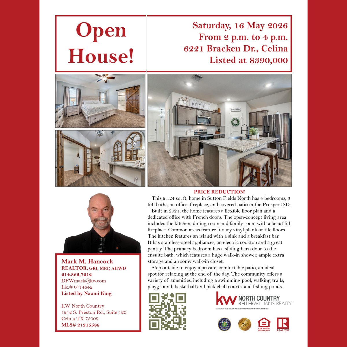 CollinRealty's tweet photo. Open House in Sutton Fields!
16 May @ 2-4 pm
6221 Bracken Dr., Celina 75009
PRICE REDUCTION!

I’ve Got Your Six!

Mark M. Hancock #REALTOR
KW North Country
214-862-7212
dfwmark@KW.com
https://t.co/ikhtZv4gcc

#DFWmark #OpenHouse #Celina #ProsperISD #SuttonFields #DentonCounty https://t.co/ElY5enaKRt