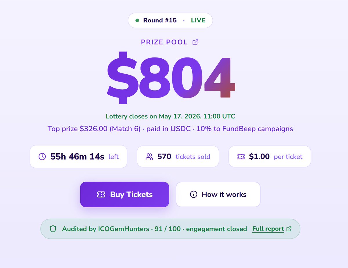 fundbeep's tweet photo. Round #15 is LIVE!    Less than 3 days left to win the $804 USDC jackpot on Solana 💰 

Play, win, and support real-world campaigns  (Now Testing On Devnet)    

Get Your Ticket - https://t.co/2wOsP0Yvxr 

#FundBeep #Solana #USDC #CryptoLottery https://t.co/utSrxrPpo3