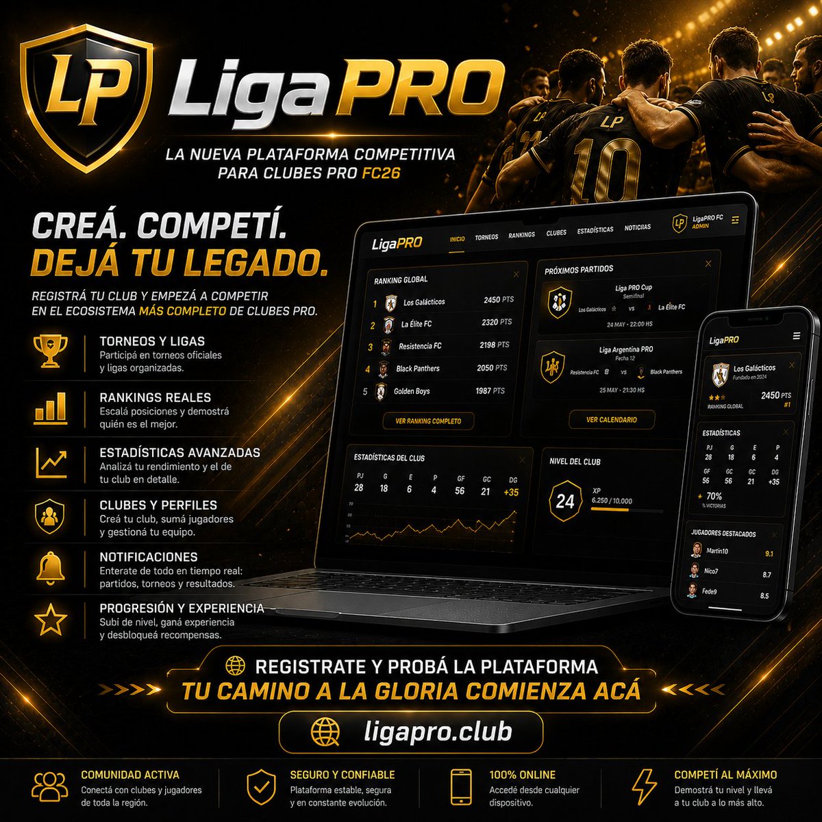 xLigaPRO's tweet photo. 🚨 Nace https://t.co/jzuOaT0Sow 🚨

La nueva plataforma competitiva para Clubes Pro ⚽🎮

🏆 Torneos y ligas
🔥 Mercado de fichajes
👥 Comunidades y hubs
📊 Rankings competitivos
⚡ Relámpagos y scouting
Centralizamos toda la escena competitiva en un solo lugar.

#ClubesPro #FC26 https://t.co/tqn8s3J8O9