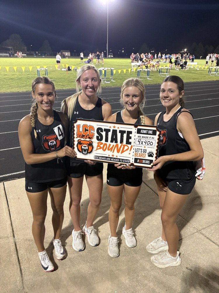 lccschools's tweet photo. ❗️STATE QUALIFIER❗️
4x400 team of Boston Brown, Kate Tasler, Carlie Kvols, and Tae Settje qualify for state 🐻🐻🐻 https://t.co/q3lqZ76dEc