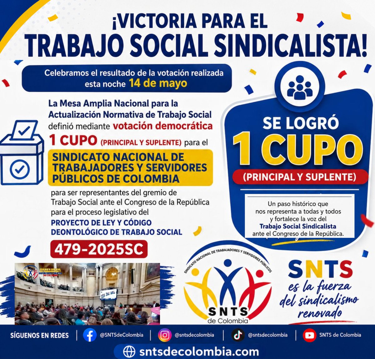 SNTSdeColombia's tweet photo. La Mesa Amplia Nacional de TS definió está noche, mediante votación democrática, un cupo para el @SNTSdeColombia, con el fin de representar al gremio de TS ante el Congreso de la República durante el proceso legislativo del  PL 479-2025SC

#Sindicalizate 
#SNTSdeColombia https://t.co/Xf10dPg0Gv