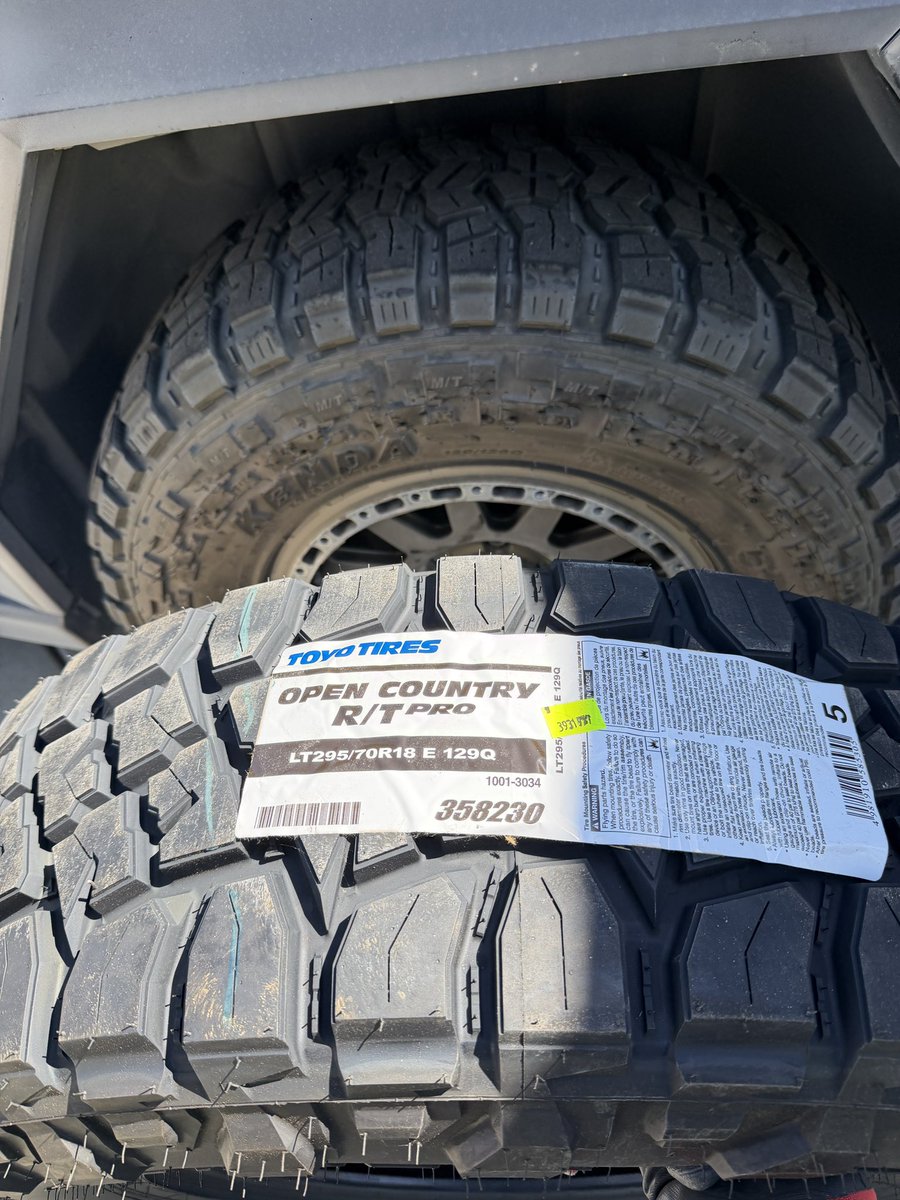 CyberOdysseyUSA's tweet photo. New shoes to match the beast. Out with the Kenda’s and in with the Toyo RT Pro’s ! Let’s go! @ToyoTires @UnpluggedTesla #tesla #cybertruck https://t.co/lutOTDYkAI