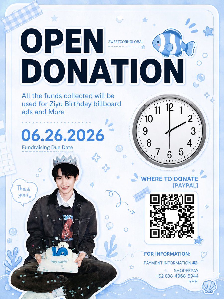 SweetCornGlobal's tweet photo. [SWEETCORN PROJECT] 150526

ZIYU 24TH BIRTHDAY LED PROJECT ✨🎂

Hello our belovedd Mimii🌽
Our donation forum for Ziyu’s 24th Birthday LED Project is officially open!

This project was created as a small gift and a form of love from fans to celebrate Ziyu’s special day. Through this LED project, we hope we can create beautiful memories together and show how much love and support Ziyu receives from all of us ✨

Every donation, no matter how small, truly means a lot and will help us make this project come true 🌷

For everyone who participates, your name will also be included in the LED installation support video, so please make sure to fill in your preferred name along with your Instagram/TikTok username correctly 

Please also attach your transfer proof and donation amount when filling out the form ✨

Thank you for all the love and support. Let’s celebrate Ziyu’s 24th birthday together and make this project successful 🎂🤍

🔗 Donation Form A (NYC): https://t.co/TdEdymbc0Y
🔗 Donation Form B (IDN): https://t.co/CmPMr9c3L4

#ZiYu #梓渝 #SweetCornGlobal