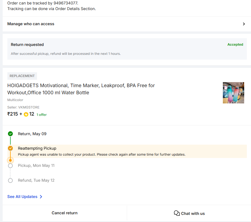 DarkConqueror22's tweet photo. @flipkartsupport  I ordered HOIGADGETS Motivational Time Marker Leakproof BPA Free 1000ml Water Bottle (Pack of 2), but I received only 1 bottle. I requested a refund/replacement, but the pickup is getting delayed every single day.
(1/2) https://t.co/DiIyMeANSt